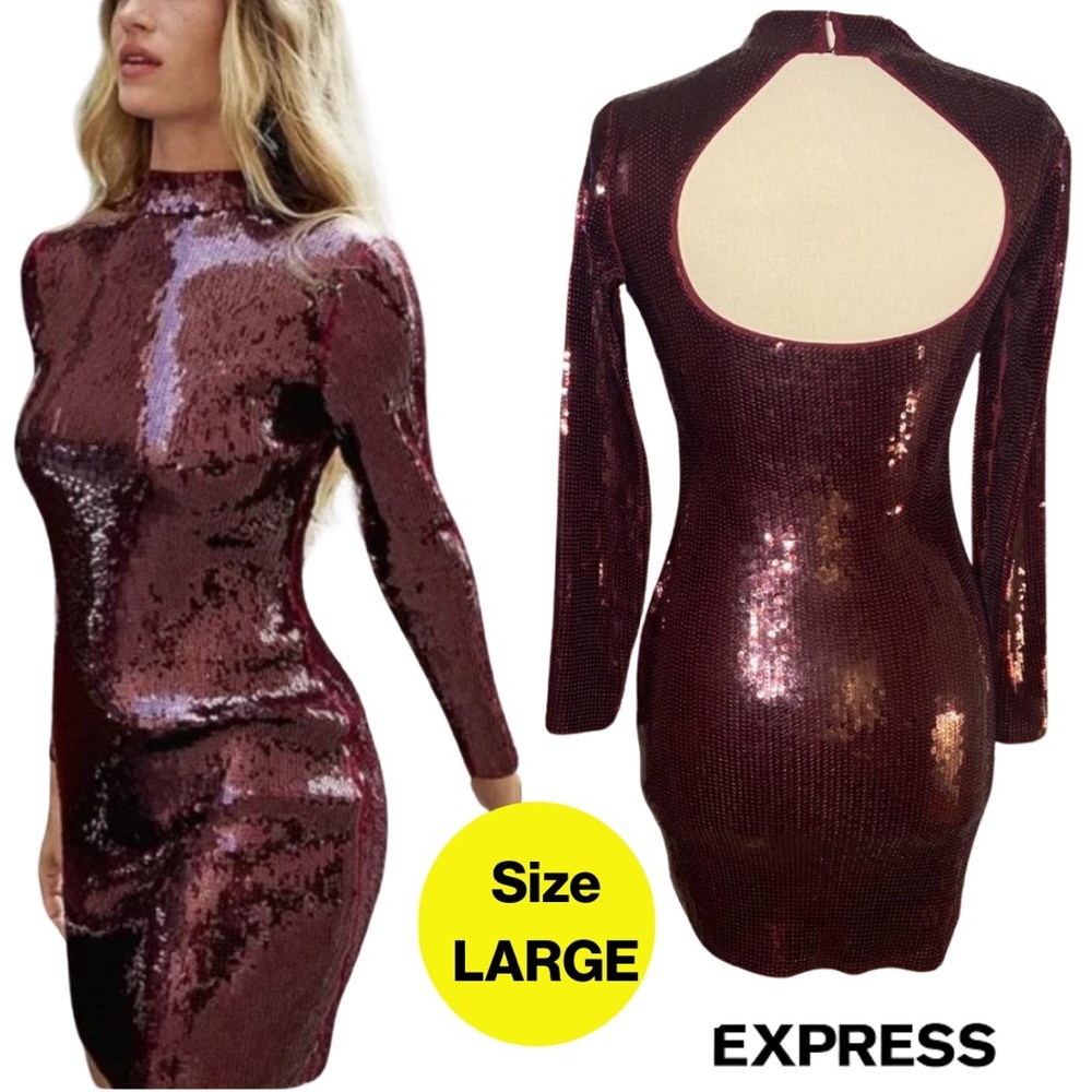 EXPRESS 💋Cranberry Burgundy Mock Neck Sequins Open Back Dress (Size Large)